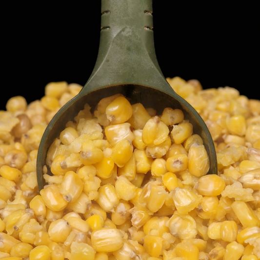 Scoop filled with yellow maize kernels on a black bucket and background